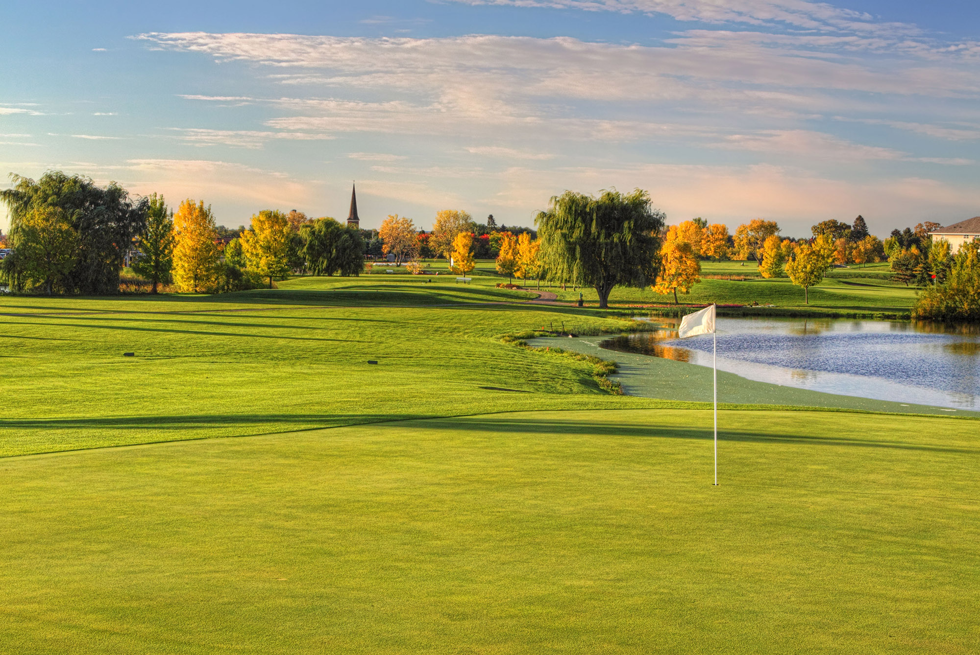 View of golf course green with trees and flag